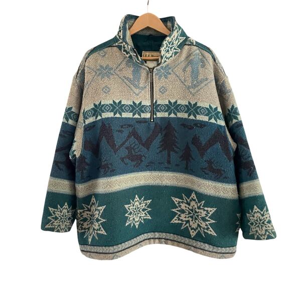Vintage 90s L.L. Bean Women's Sz XL Wool Blend 1/4 Zip Snowflake Pullover Jacket - Picture 1 of 10